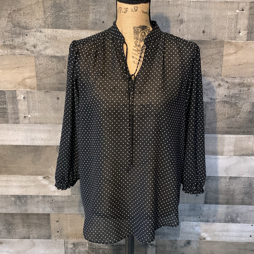 Chaps Black & White Polka Dot Sheer Top